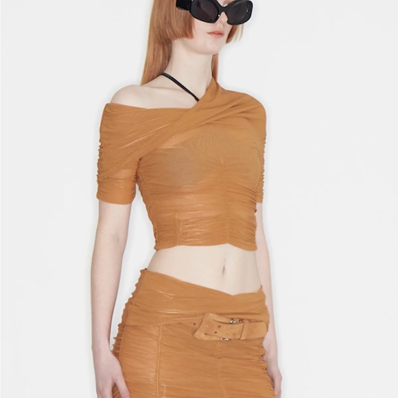 KNWLS Ocilia Ruched Mini Skirt Mesh Camel Brown UK 8 US 4 - Picture 2 of 7